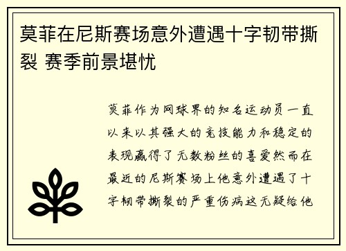 莫菲在尼斯赛场意外遭遇十字韧带撕裂 赛季前景堪忧 莫菲在尼斯赛场意外遭遇十字韧带撕裂 赛季前景堪忧